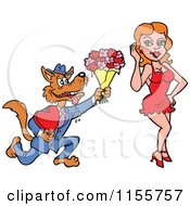 Cartoon Of A Romantic Drooling Wolf Giving Flowers And A Heart Shaped Candy Box To A Woman Royalty Free Vector Illustration by LaffToon