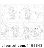 Cartoon Of Black And White Scenes Of A Boy Building A Snowman Royalty Free Vector Illustration