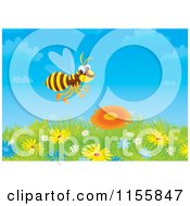 Cartoon Of A Happy Bee Over A Field Of Wildflowers Royalty Free Illustration