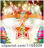 Poster, Art Print Of Christmas Background Of Presents Baubles And A Stocking Star