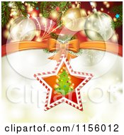Poster, Art Print Of Christmas Background Of Baubles And Fireworks Over A Candy Cane Christmas Tree Star