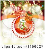 Clipart Of A Christmas Background Of Fireworks Baubles And A Stocking Royalty Free Vector Illustration