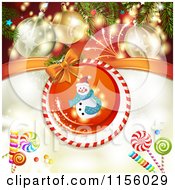 Poster, Art Print Of Christmas Background Of Fireworks Baubles Candy And A Snowman