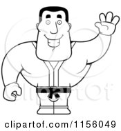 Cartoon Clipart Of A Black And White Strong Karate Man Waving Vector Outlined Coloring Page