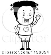 Cartoon Clipart Of A Black And White Cute Black Girl Waving Vector Outlined Coloring Page