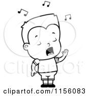 Cartoon Clipart Of A Black And White Little Boy Singing Vector Outlined Coloring Page