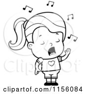 Cartoon Clipart Of A Black And White Little Girl Singing Vector Outlined Coloring Page