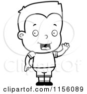 Cartoon Clipart Of A Black And White Friendly Boy Waving Vector Outlined Coloring Page