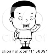 Cartoon Clipart Of A Black And White Waving Black Toddler Boy Vector Outlined Coloring Page