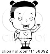 Cartoon Clipart Of A Black And White Little Black Girl Waving And Wearing A Heart Shirt Vector Outlined Coloring Page
