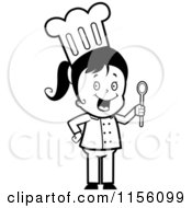 Cartoon Clipart Of A Black And White Chef Girl Holding A Spoon Vector Outlined Coloring Page
