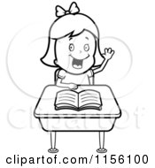 Cartoon Clipart Of A Black And White Girl Raising Her Hand At Her Desk Vector Outlined Coloring Page