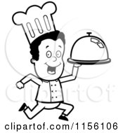 Cartoon Clipart Of A Black And White Black Chef Man Running With A Platter Vector Outlined Coloring Page