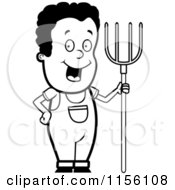 Cartoon Clipart Of A Black And White Happy Black Farmer Boy With A Pitchfork Vector Outlined Coloring Page