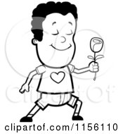 Cartoon Clipart Of A Black And White Sweet Little Boy Presenting A Rose Vector Outlined Coloring Page