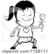 Cartoon Clipart Of A Black And White Sweet Girl Holding Out A Rose Vector Outlined Coloring Page