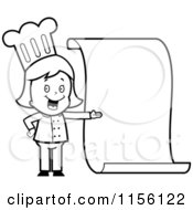 Cartoon Clipart Of A Black And White Chef Girl Presenting A Blank Menu Vector Outlined Coloring Page by Cory Thoman