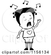 Cartoon Clipart Of A Black And White Cute Black Girl Singing Vector Outlined Coloring Page