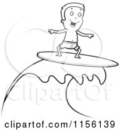 Cartoon Clipart Of A Black And White Happy Boy Surfing And Riding A Wave Vector Outlined Coloring Page