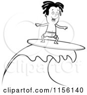 Cartoon Clipart Of A Black And White Surfer Dude Riding A Wave Vector Outlined Coloring Page