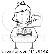 Poster, Art Print Of Black And White School Girl Holding Up An A Plus Report Card And Sitting At Her Desk