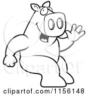 Cartoon Clipart Of A Black And White Friendly Pig Sitting And Waving Vector Outlined Coloring Page