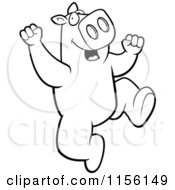 Cartoon Clipart Of A Black And White Pig Character Jumping Vector Outlined Coloring Page