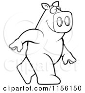 Cartoon Clipart Of A Black And White Pig Walking Upright Vector Outlined Coloring Page