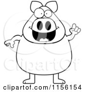 Cartoon Clipart Of A Black And White Chubby Pig With An Idea Vector Outlined Coloring Page