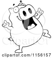 Cartoon Clipart Of A Black And White Pig Doing A Happy Dance Vector Outlined Coloring Page