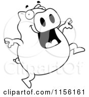 Cartoon Clipart Of A Black And White Happy Pig Jumping Vector Outlined Coloring Page