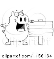 Cartoon Clipart Of A Black And White Happy Pig By A Blank Sign Vector Outlined Coloring Page