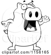 Cartoon Clipart Of A Black And White Pig Waving Vector Outlined Coloring Page
