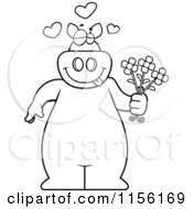 Black And White Romantic Pig Standing And Holding Flowers