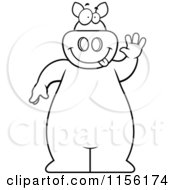 Cartoon Clipart Of A Black And White Big Pig Standing And Waving Vector Outlined Coloring Page