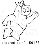 Cartoon Clipart Of A Black And White Big Pig Leaping Vector Outlined Coloring Page