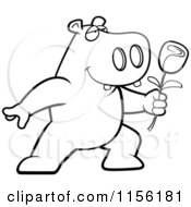 Cartoon Clipart Of A Black And White Romantic Hippo Presenting A Single Rose Vector Outlined Coloring Page