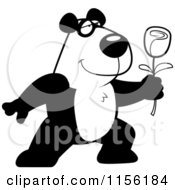 Cartoon Clipart Of A Black And White Romantic Panda Presenting A Single Rose Vector Outlined Coloring Page