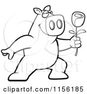 Cartoon Clipart Of A Black And White Romantic Pig Presenting A Single Rose Vector Outlined Coloring Page