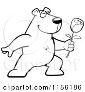 Cartoon Clipart Of A Black And White Romantic Polar Bear Presenting A Rose Vector Outlined Coloring Page