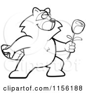 Cartoon Clipart Of A Black And White Romantic Raccoon Presenting A Single Rose Vector Outlined Coloring Page