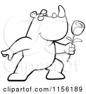 Cartoon Clipart Of A Black And White Romantic Rhino Presenting A Single Rose Vector Outlined Coloring Page