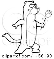 Cartoon Clipart Of A Black And White Romantic Weasel Presenting A Rose Vector Outlined Coloring Page