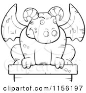 Cartoon Clipart Of A Black And White Guardian Gargoyle Stone Statue Vector Outlined Coloring Page