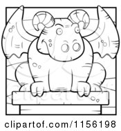 Cartoon Clipart Of A Black And White Stone Guardian Gargoyle At Night Vector Outlined Coloring Page