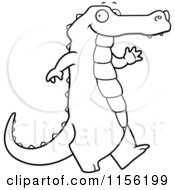 Cartoon Clipart Of A Black And White Happy Alligator Walking And Waving Vector Outlined Coloring Page by Cory Thoman