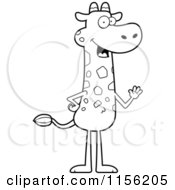 Cartoon Clipart Of A Black And White Friendly Giraffe Standing And Waving Vector Outlined Coloring Page