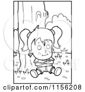 Cartoon Clipart Of A Black And White Girl Sitting Against A Tree With Her Arms Crossed Vector Outlined Coloring Page