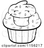 Cartoon Clipart Of A Black And White Happy Cupcake Character Vector Outlined Coloring Page