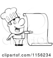 Cartoon Clipart Of A Black And White Chef Proudly Presenting A Blank Menu Vector Outlined Coloring Page